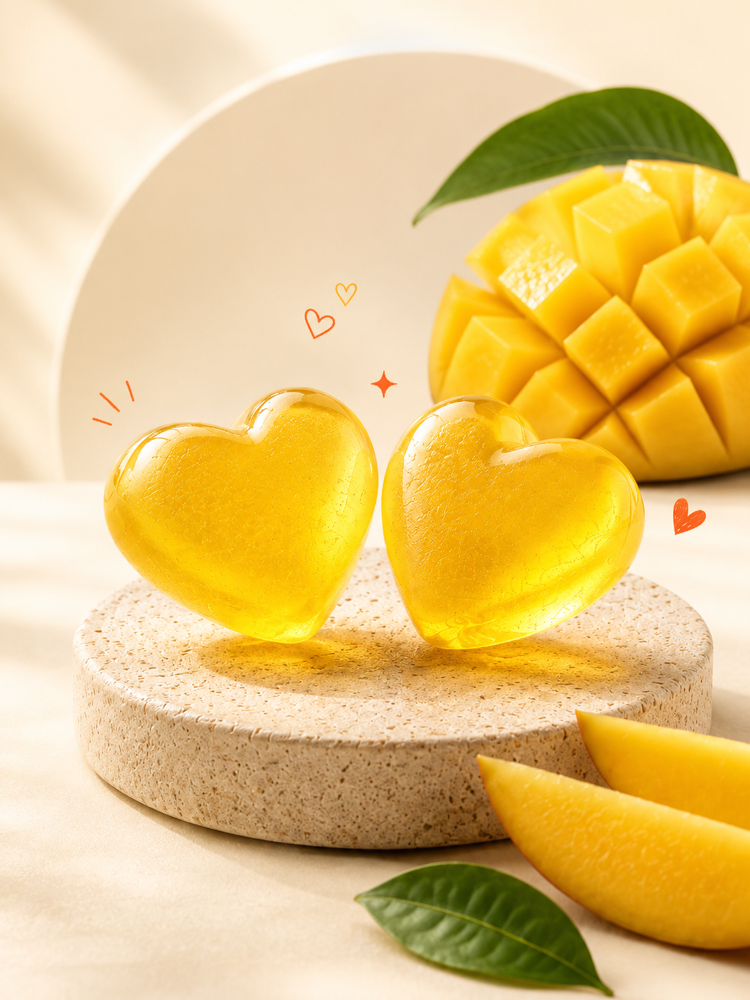 Golden heart-shaped mango gummies