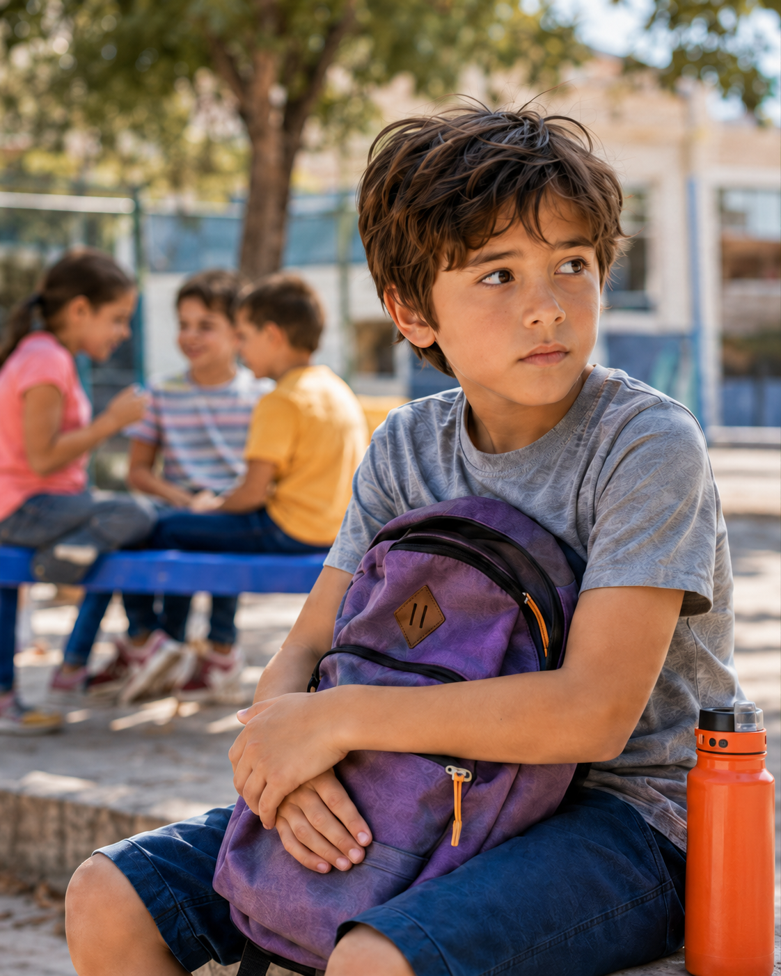 Child sitting apart at school while classmates talk in the background