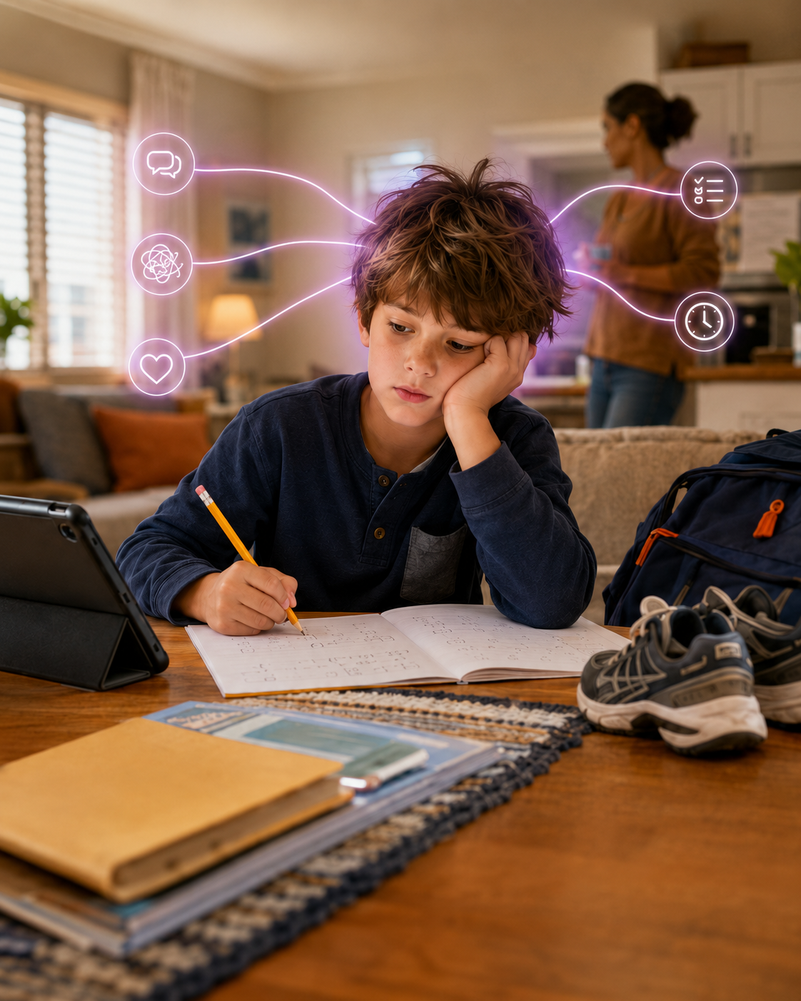 Child doing homework while multiple signals compete for attention